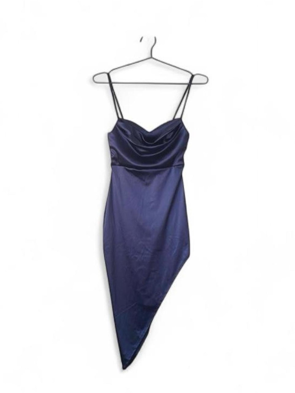 Windsor Navy Satin Cowl Neck Asymmetrical Midi Dress